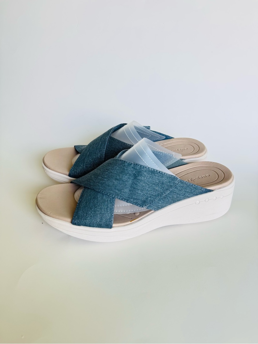 Easy Spirit Denim Blue Crossover Wedge Mules